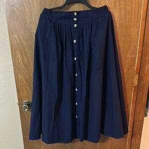 Blue and White Pleated A-Line Midi Skirt